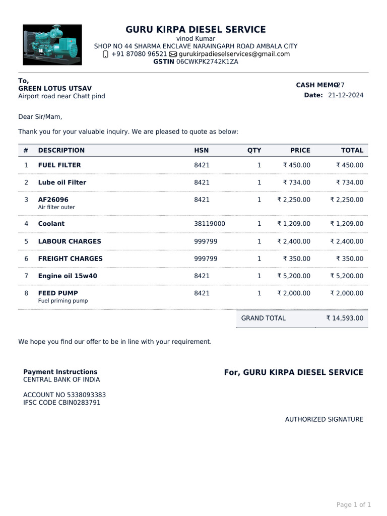 Diesel Service Quotation for Green Lotus | PDF