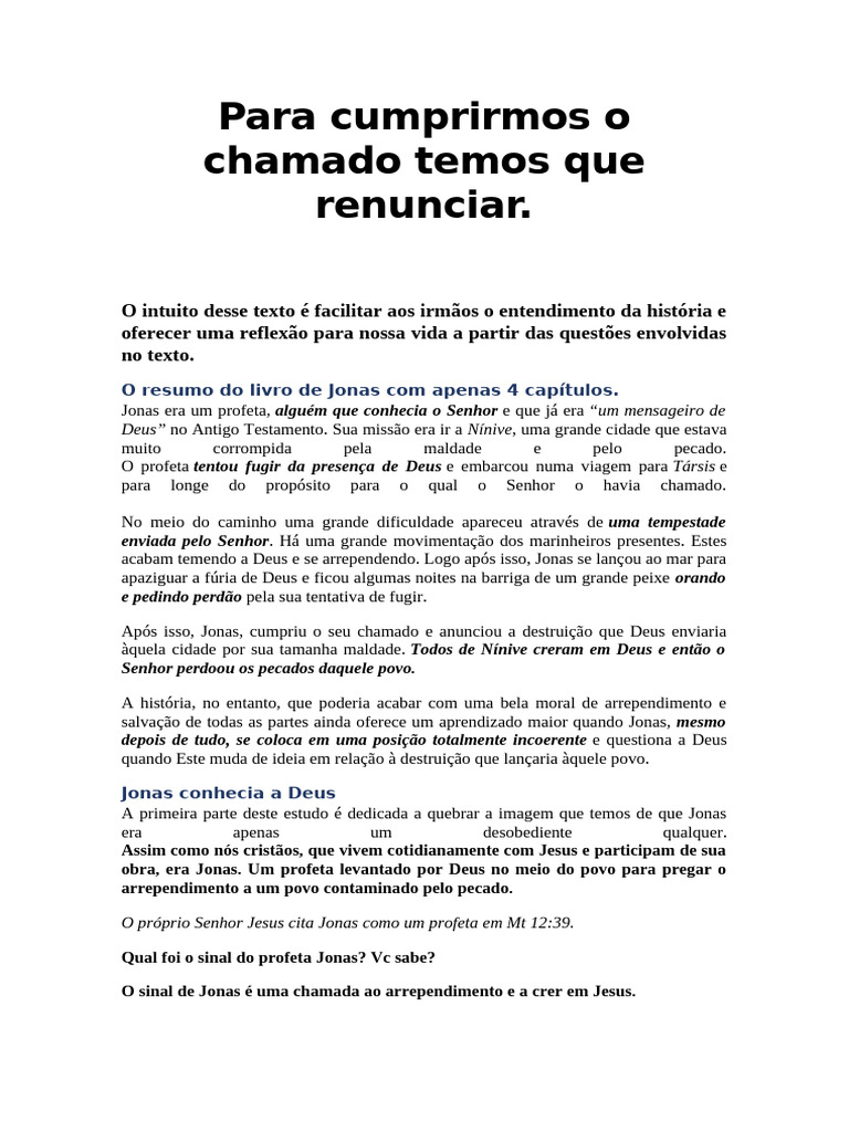 Cumprir o Chamado Requer Renúncia | PDF | Jonas | Deus