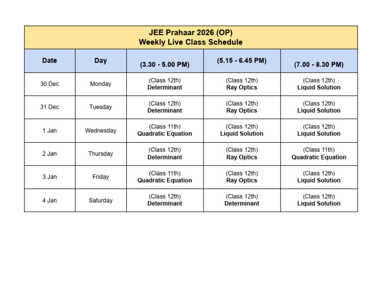 JEE Prahaar 2026 Weekly Class Schedule | PDF