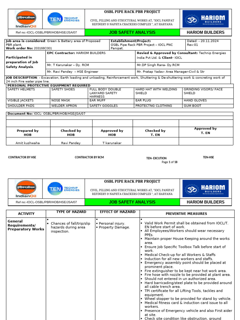 Job Safety Analysis for IOCL PBR Project | PDF | Personal Protective ...