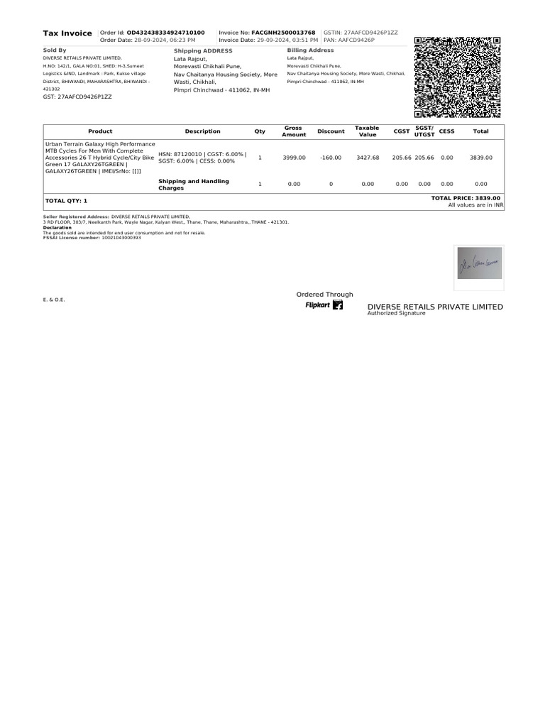 Tax Invoice for Urban Terrain Cycle | PDF | Public Finance | Trade