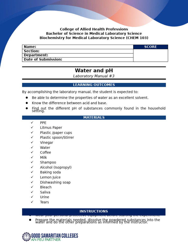 Water and pH Lab Manual for Students | PDF | Ph | Water