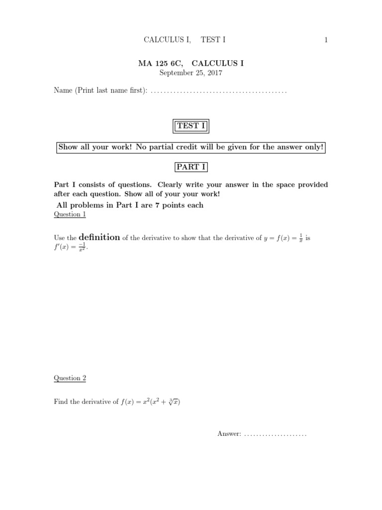 MA 125 6C Cal I Test 1 | PDF | Derivative | Function (Mathematics)
