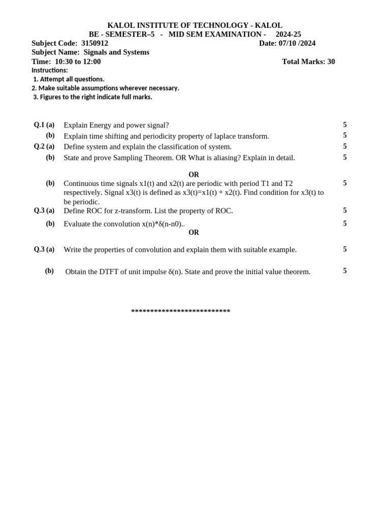 Signals and Systems Mid Exam 2024-25 | PDF