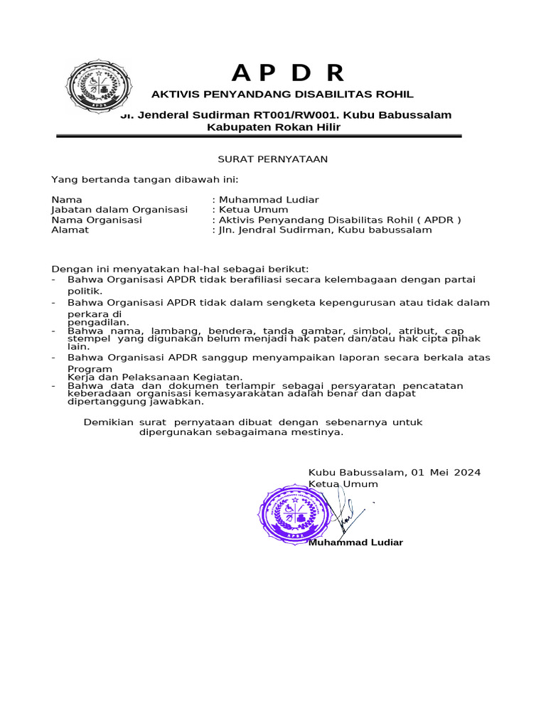Surat Pernyataan APDR 2024 | PDF