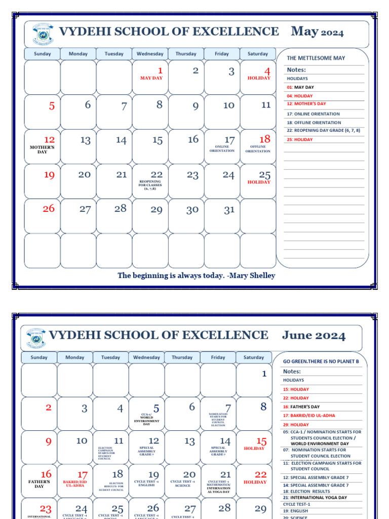 Vydehi School Academic Calendar 2024-25 | PDF | Holidays | Religious ...
