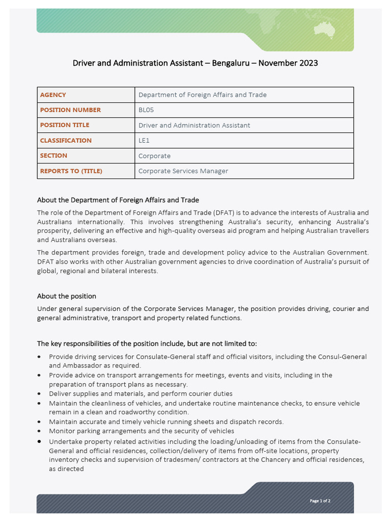 Driver/Admin Assistant Job in Bengaluru | PDF | Consul (Representative)