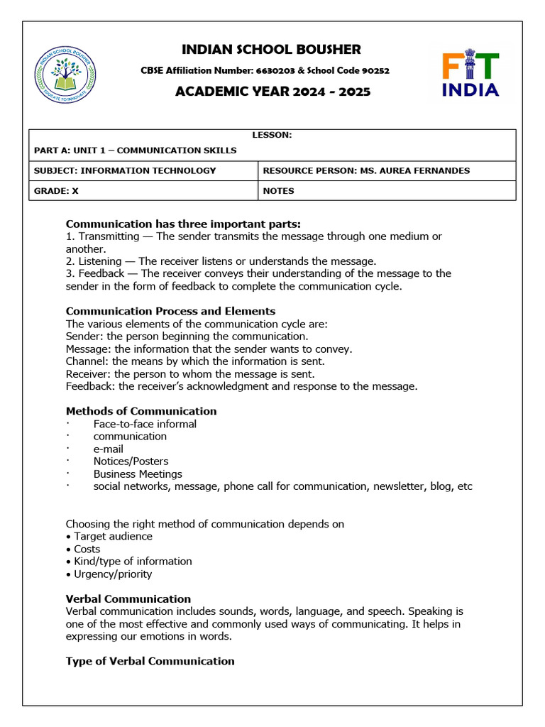 Class 10 Communication Skills Notes | PDF | Communication | Nonverbal ...