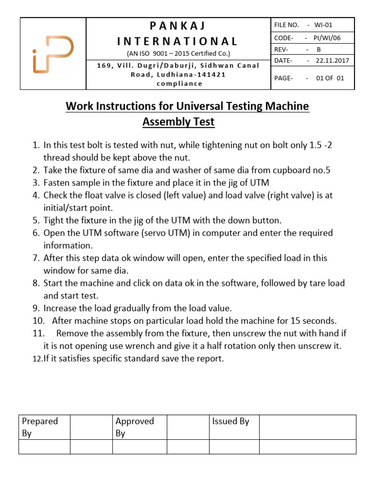 Work Instructions for UTM Assembly Test | PDF