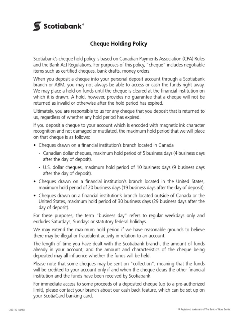 Scotiabank Cheque Hold Policy Explained | PDF | Cheque | Banks