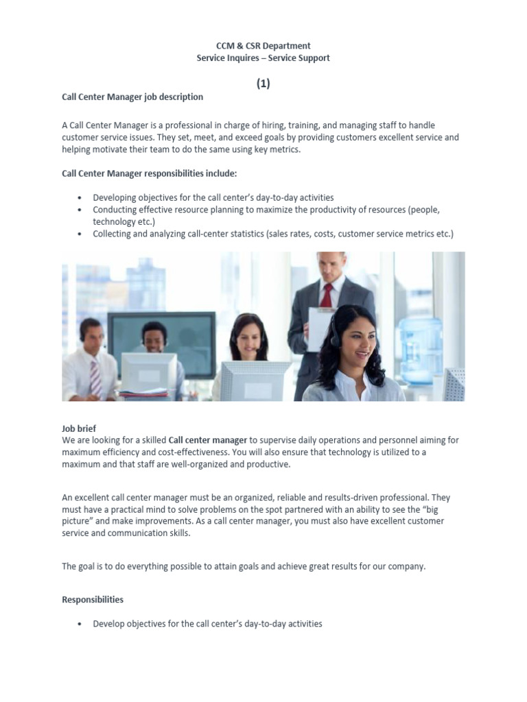 Call Center Management Job Descriptions | PDF | Call Centre | Customer ...