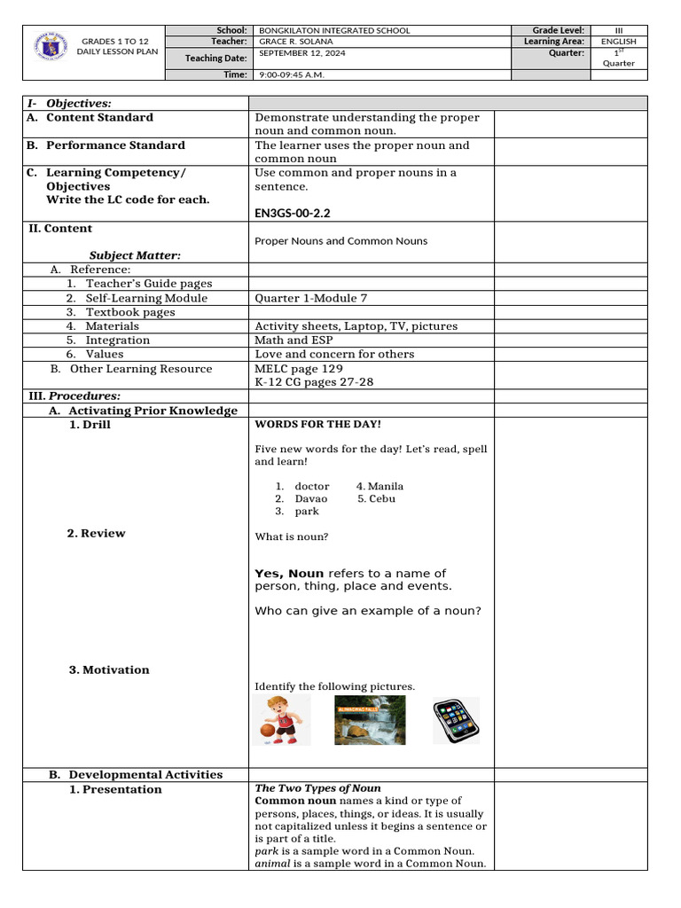 Common and Proper Nouns Lesson Plan | PDF | Learning | Lesson Plan