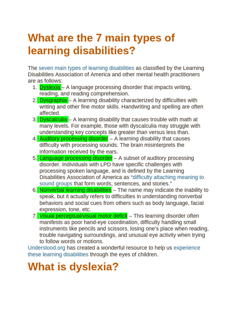 Seven Types Of Learning Disabilities Pdf Learning Disability Dyslexia
