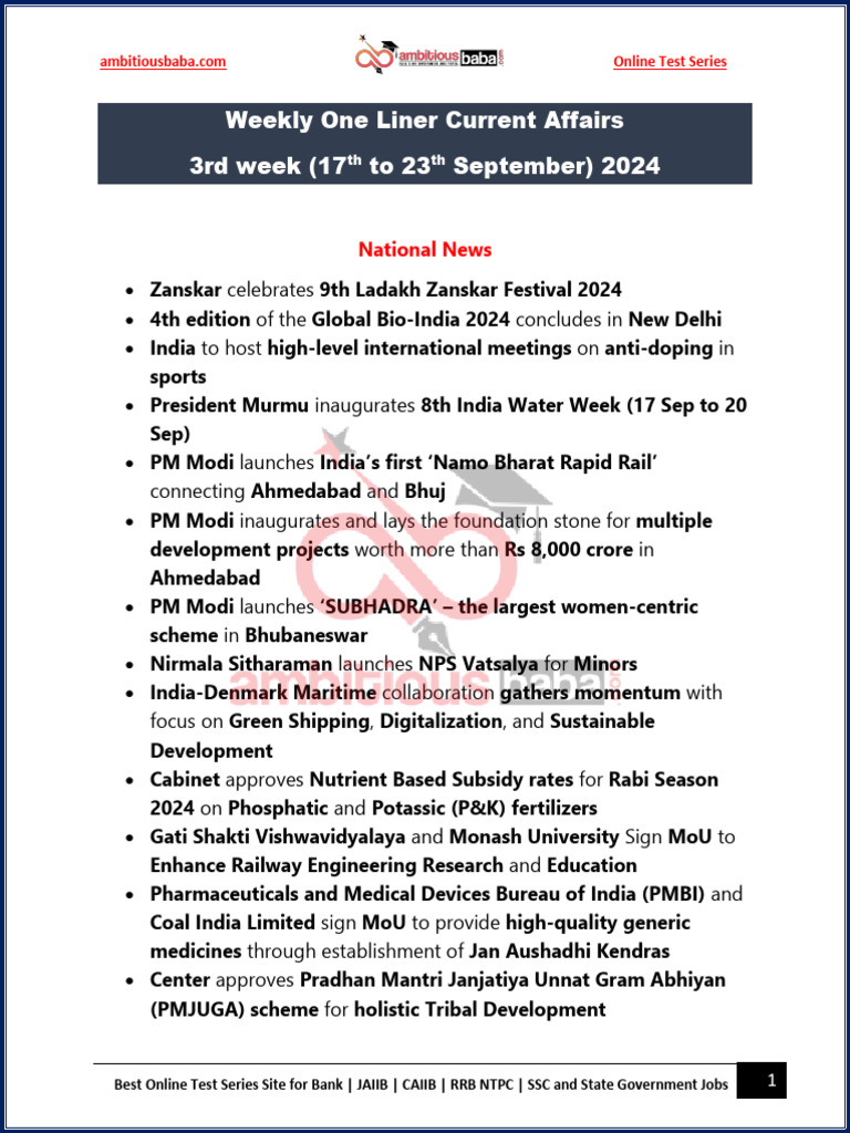 One Liner 3rd Week 17th Sep 23rd Sep Ambitious Baba | PDF
