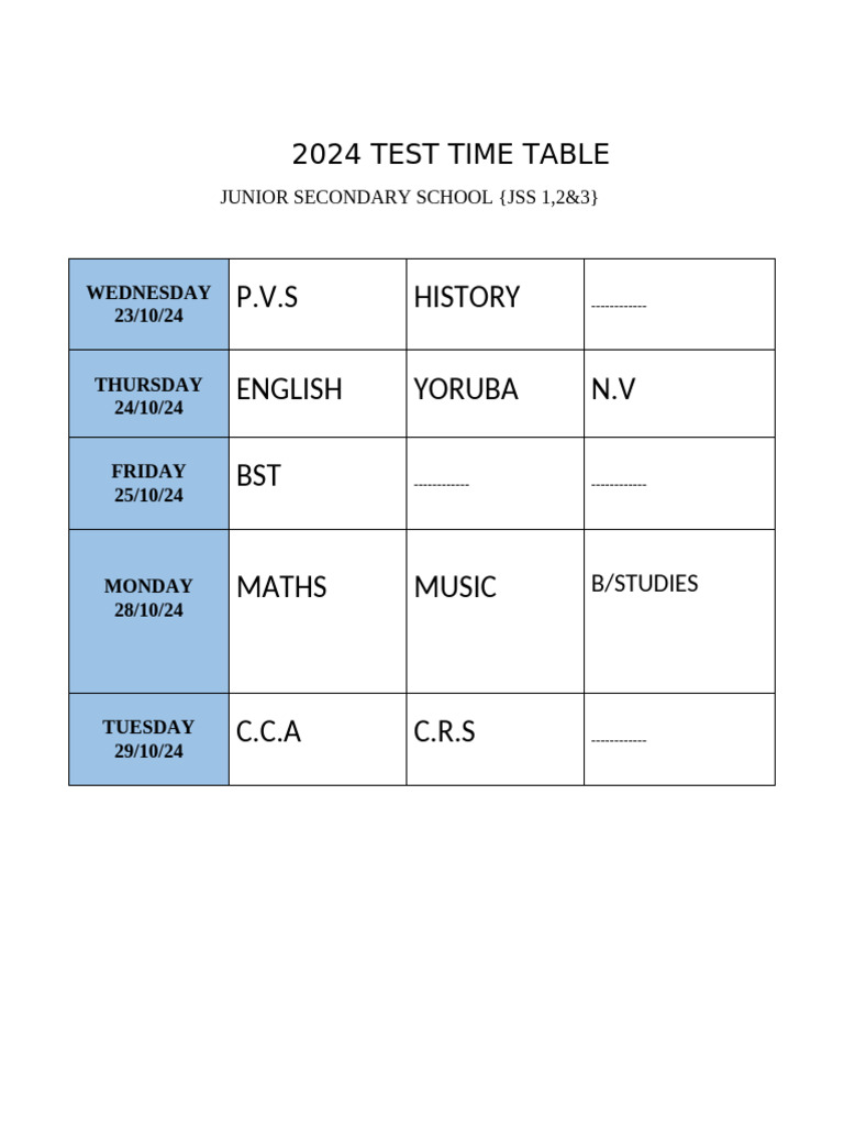 Weekly Test Time Table