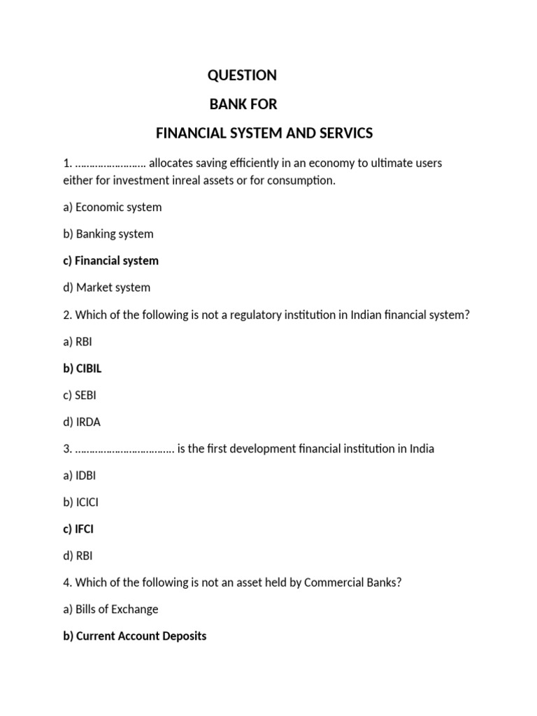 Question Bank For Financial System and Services | PDF | Securities ...