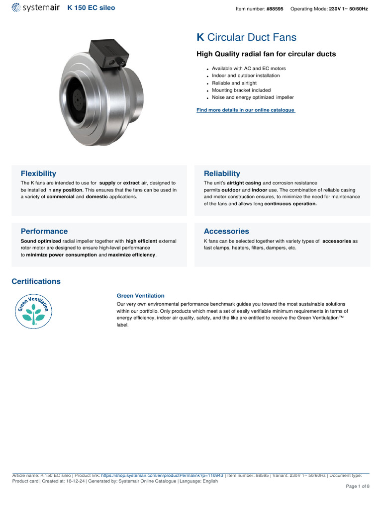 Systemair K 150 EC Sileo | PDF | Electric Motor | Alternating Current