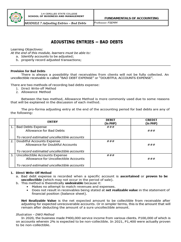 MODULE-7-ADJUSTING-ENTRIES-BAD-DEBTS | PDF | Bad Debt | Debits And Credits