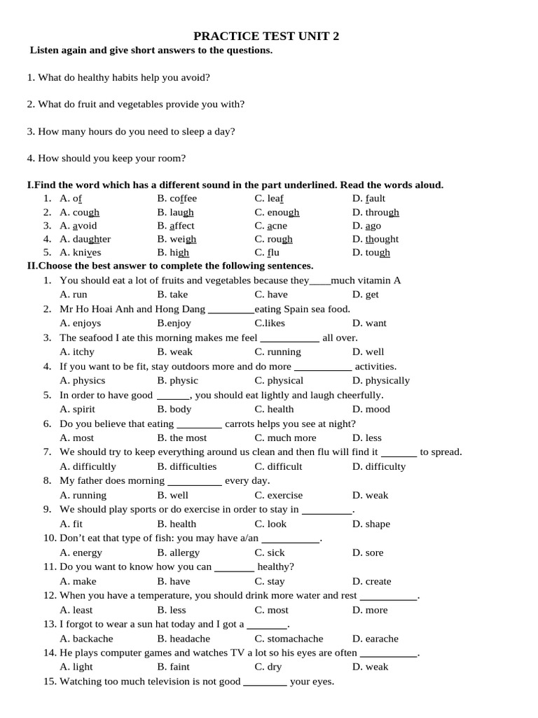 Unit 2 Practice Test: Health & Exercise | PDF | Lunch