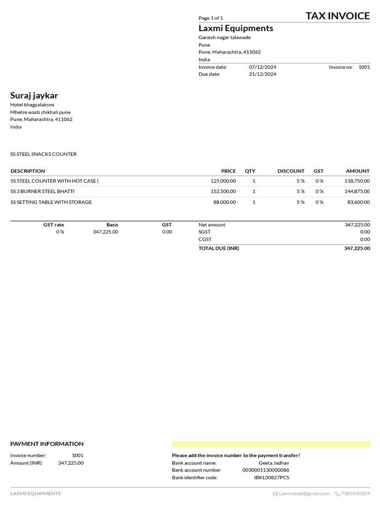 Tax Invoice for SS Steel Counters | PDF
