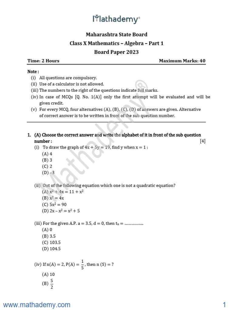 Maharashtra Ssc 2023 Algebra Paper Pdf Algebra Mathematics