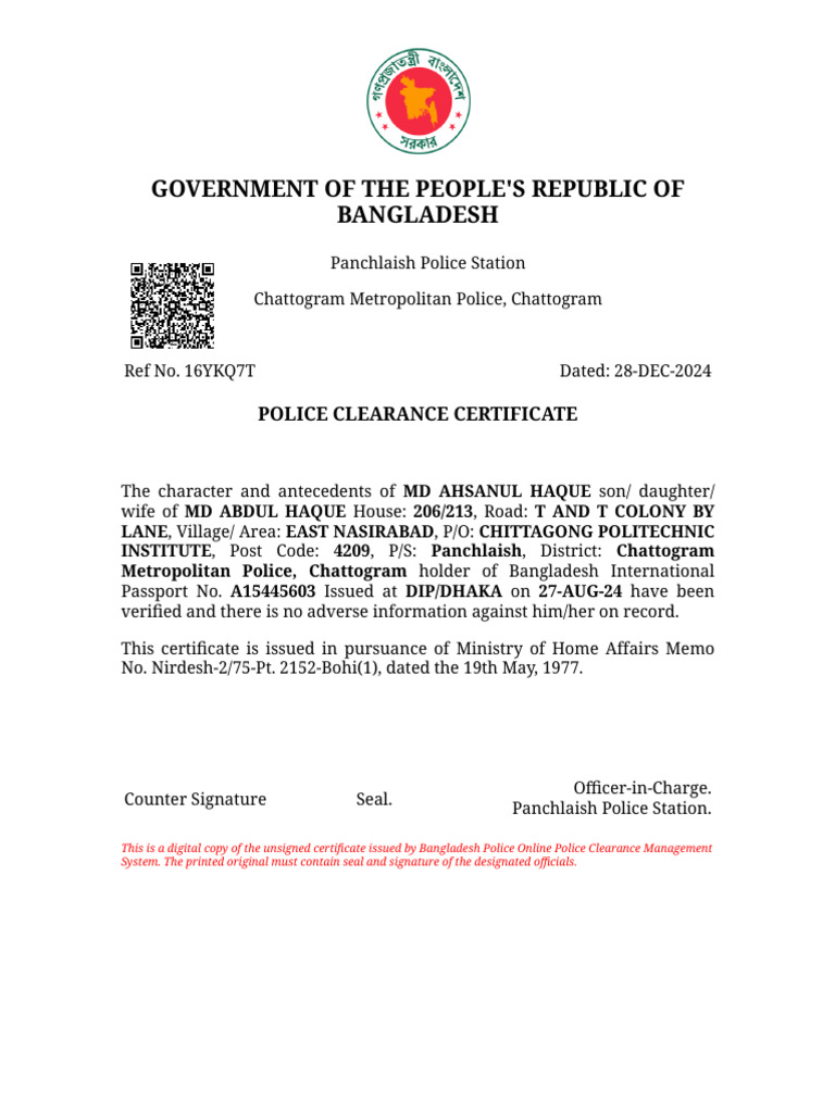 Bangladesh Police Clearance Certificate | PDF