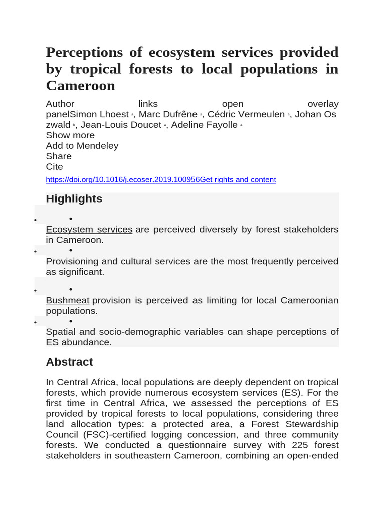 Perceptions of Ecosystem Services Provided by Tropical Forests To Local ...
