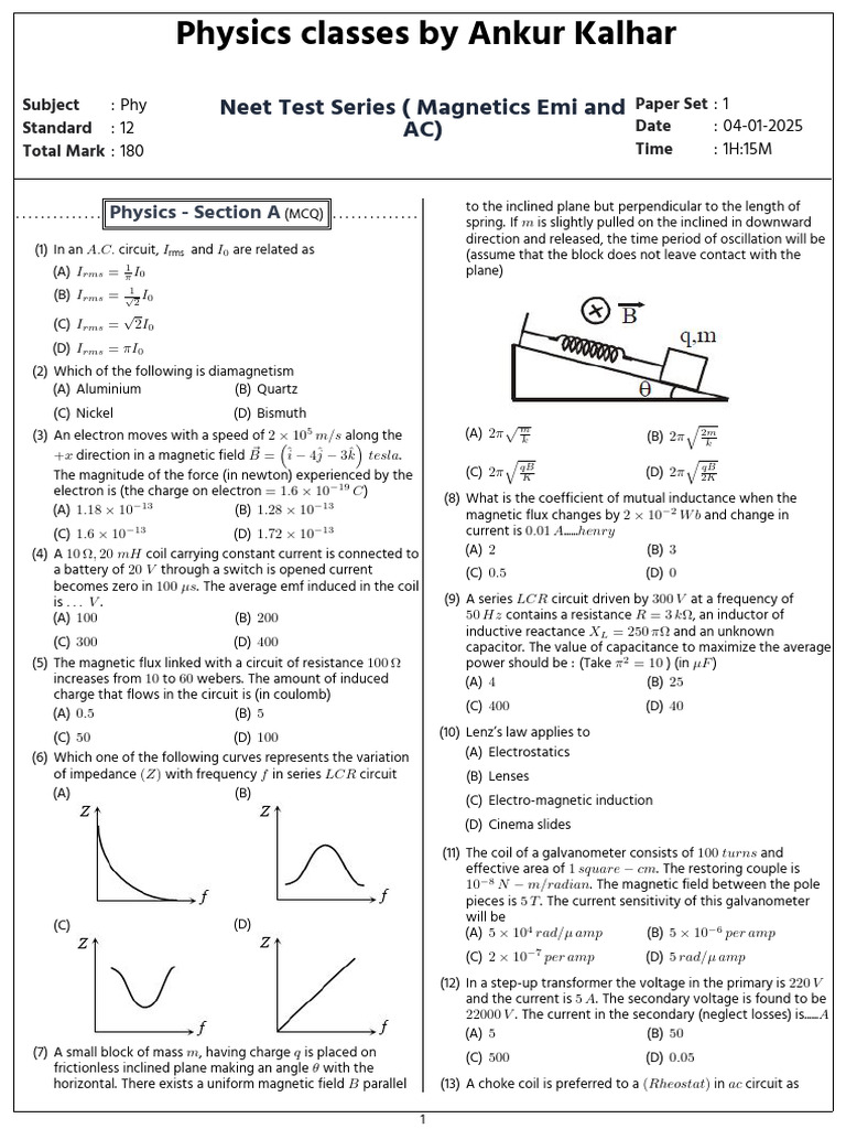 NEET Physics Test Series: Magnetics & EMI | PDF | Inductor | Magnetic Field