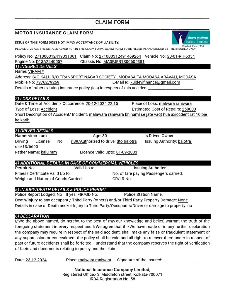 ClaimForm 271000312491469264 | PDF | Vehicle Insurance | Vehicles