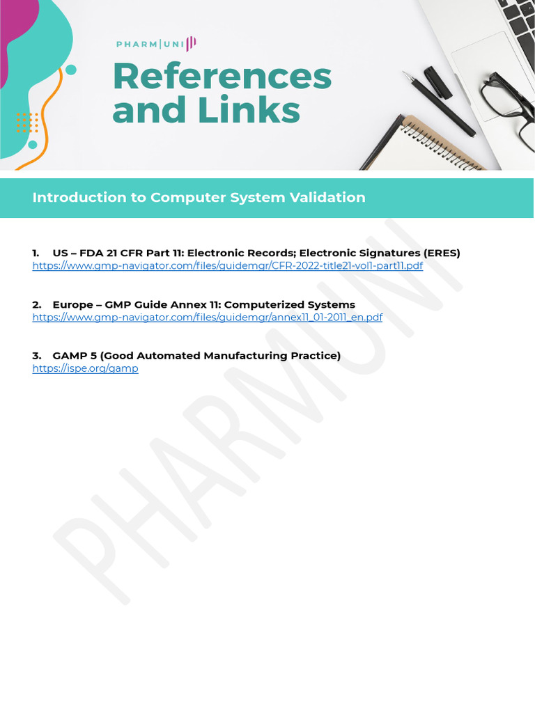 References and Links - Introduction to Computer System Validation | PDF