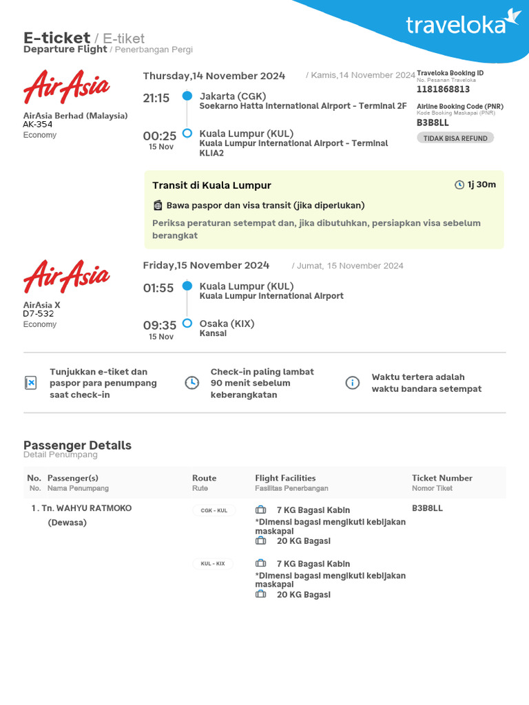 E-Tiket Penerbangan AirAsia ke Osaka | PDF