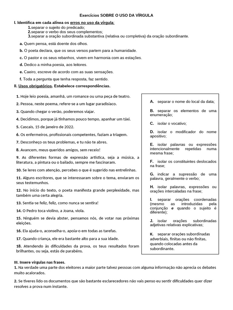 Exercícios Práticos de Uso da Vírgula | PDF