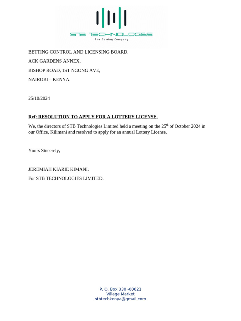 STB Technologies Lottery License Application | PDF