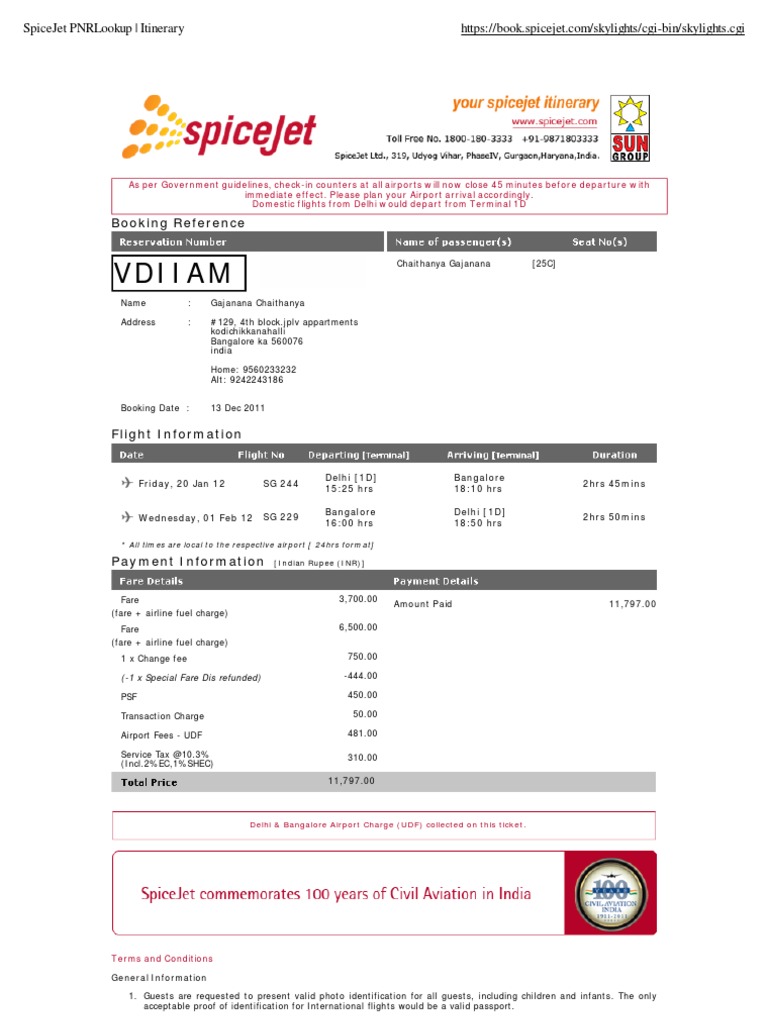 SpiceJet PNR and Ticket Information | PDF | Baggage | Identity Document