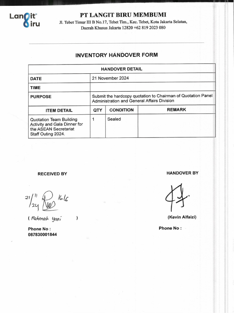 Handover Form LangitBiru | PDF
