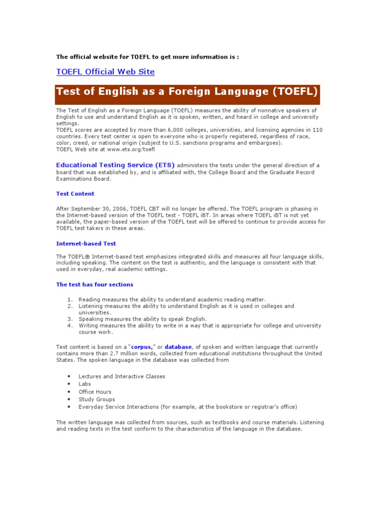 TOEFL Introduction | PDF | Test Of English As A Foreign Language | Test ...