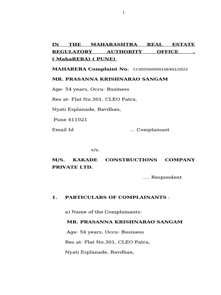 RERA Complaint - Prasanna Sangam - Version2-25112021 | PDF | Lawsuit ...