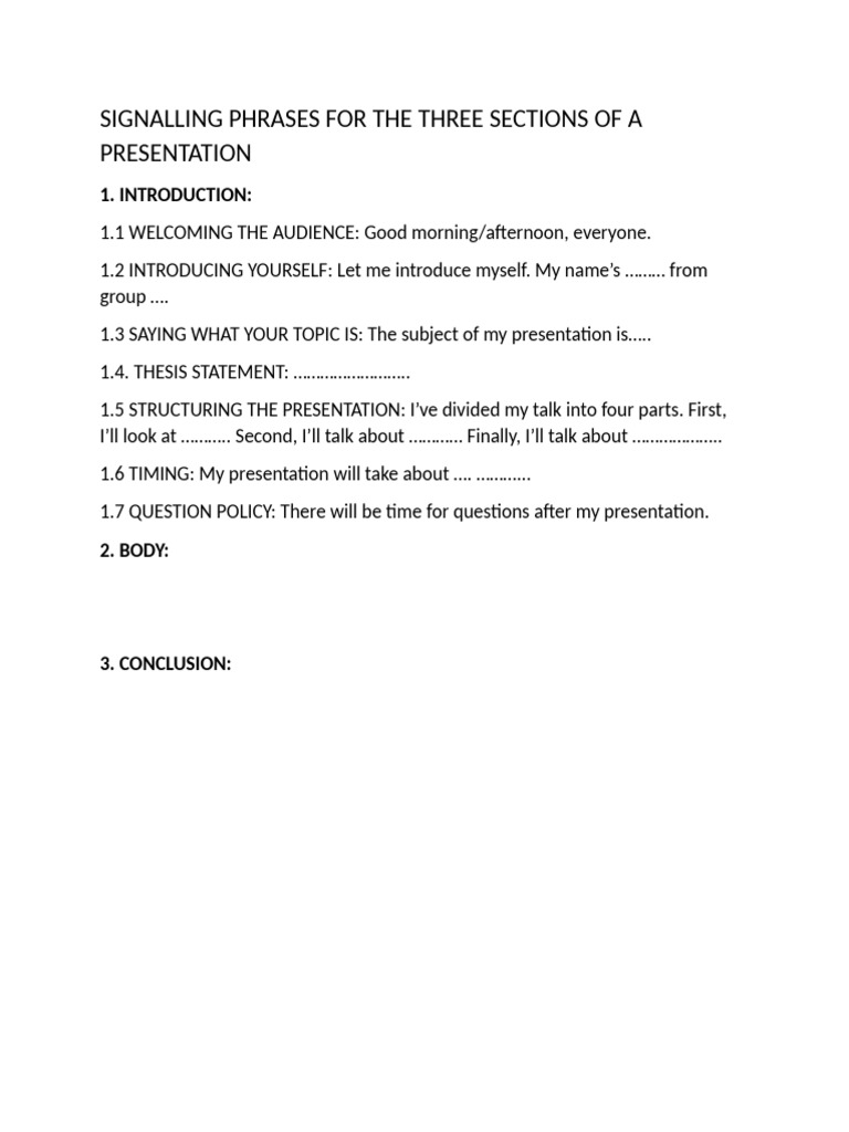 Signalling Phrases For The Introduction, Body, and Conclusion of A ...