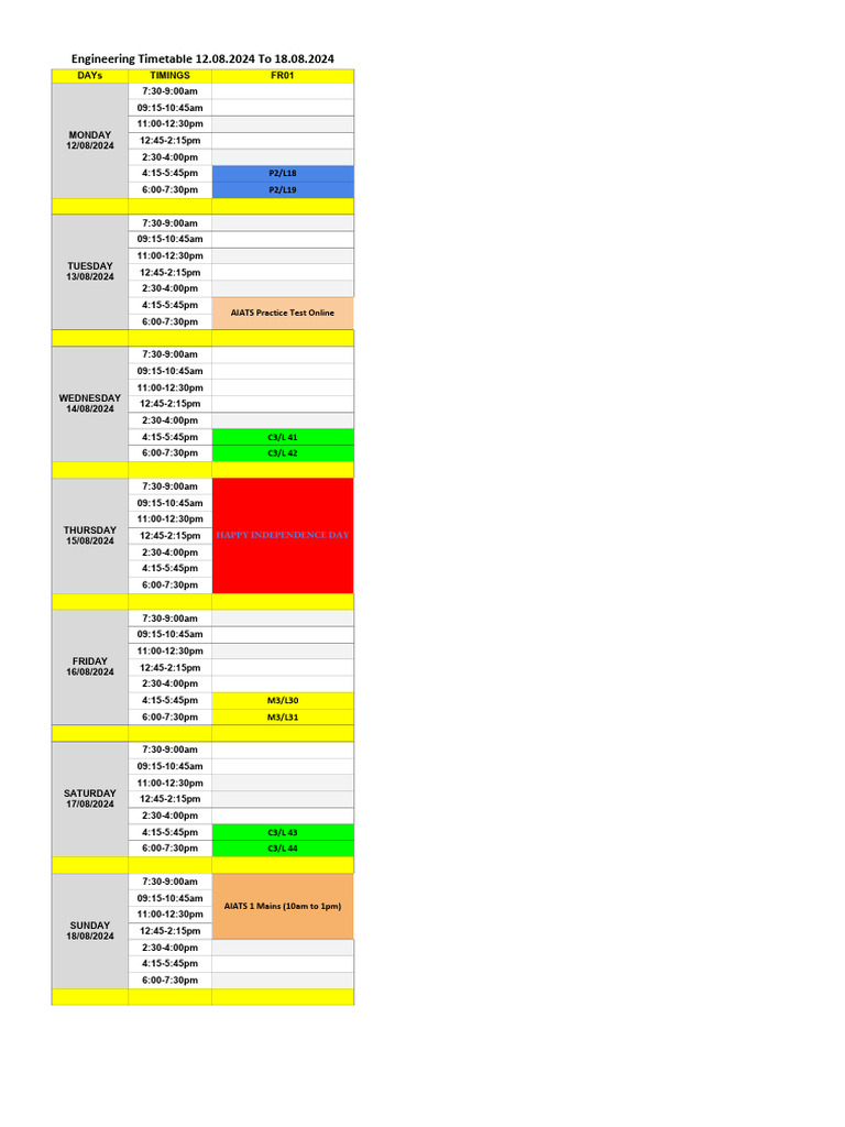 Engineering Timetable 12-18 Aug 2024 | PDF