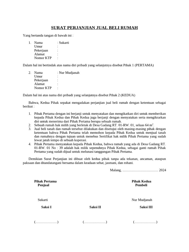 Surat Perjanjian Jual Beli Rumah | PDF
