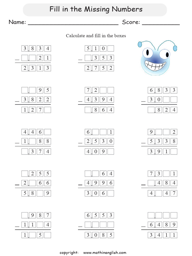 4 Digits Subtraction Missing P3 | PDF