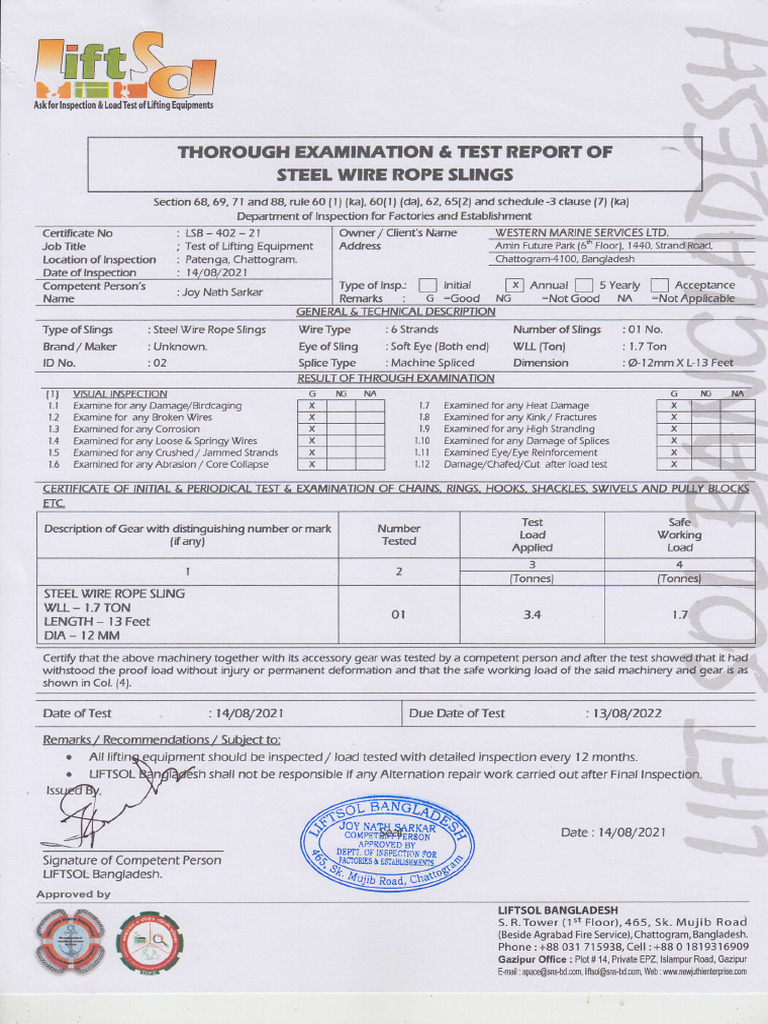Steel Wire Rope Slings Test Report | PDF | Rope | Manufactured Goods