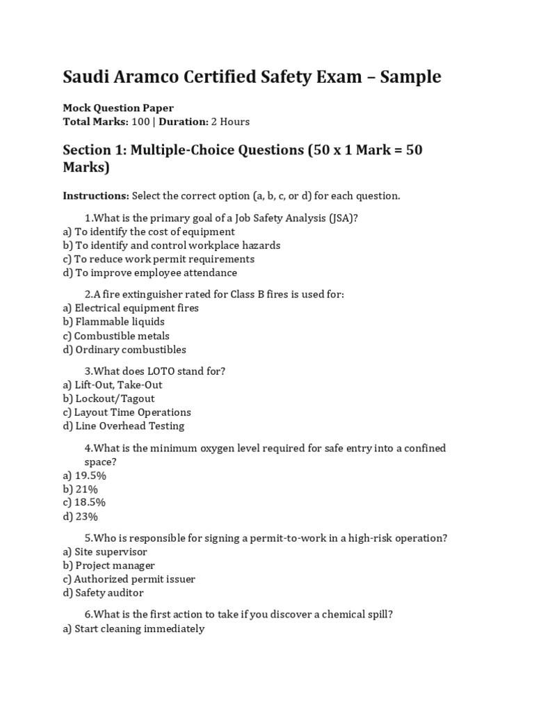 Aramco Safety Exam Sample Questions | PDF | Fires | Safety