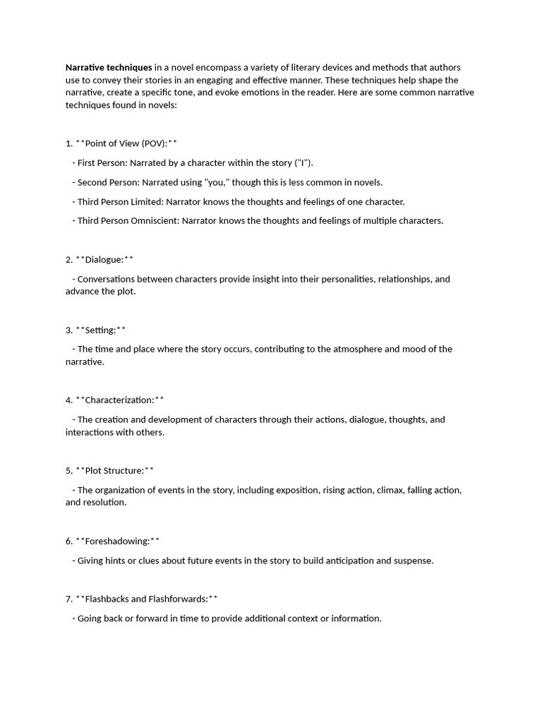Key Narrative Techniques in Novels | PDF | Narration | Narrative