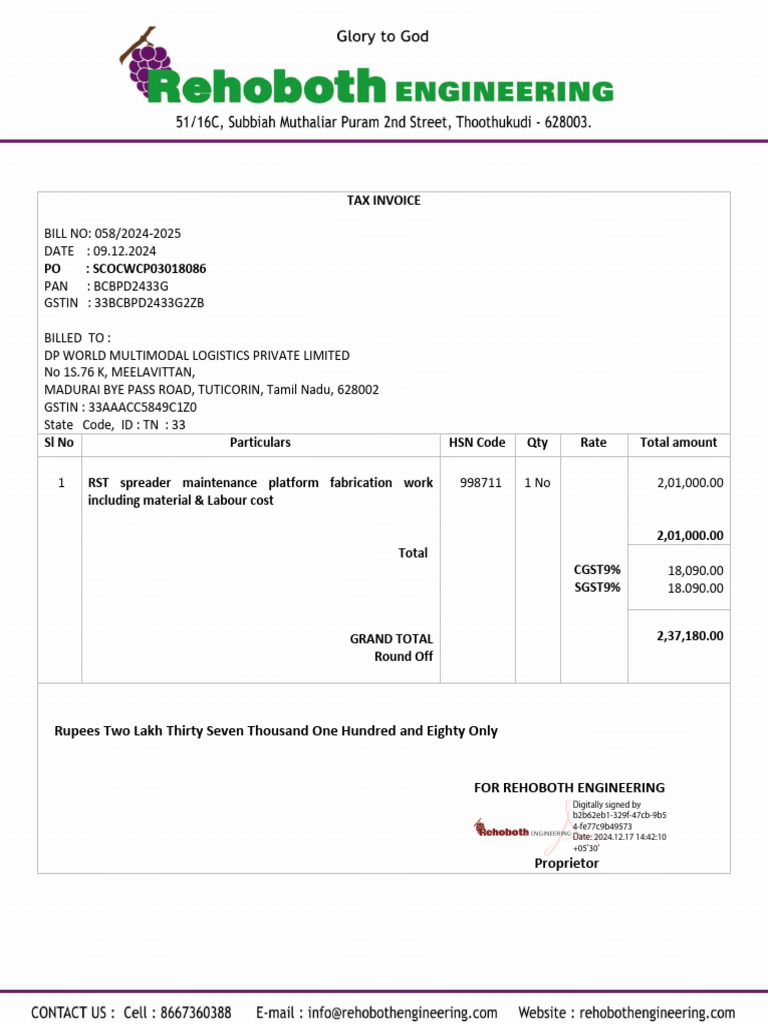 DP World Invoice for GST Services | PDF