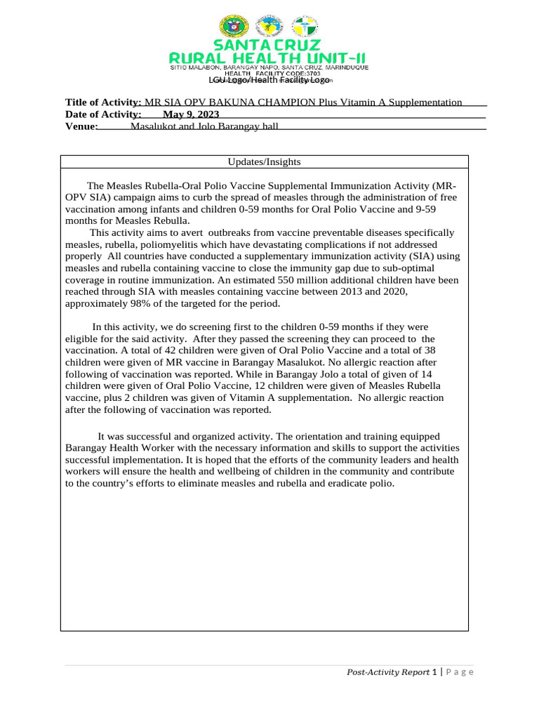 MR OPV SIA Vaccination Activity Report | PDF | Measles | Vaccines