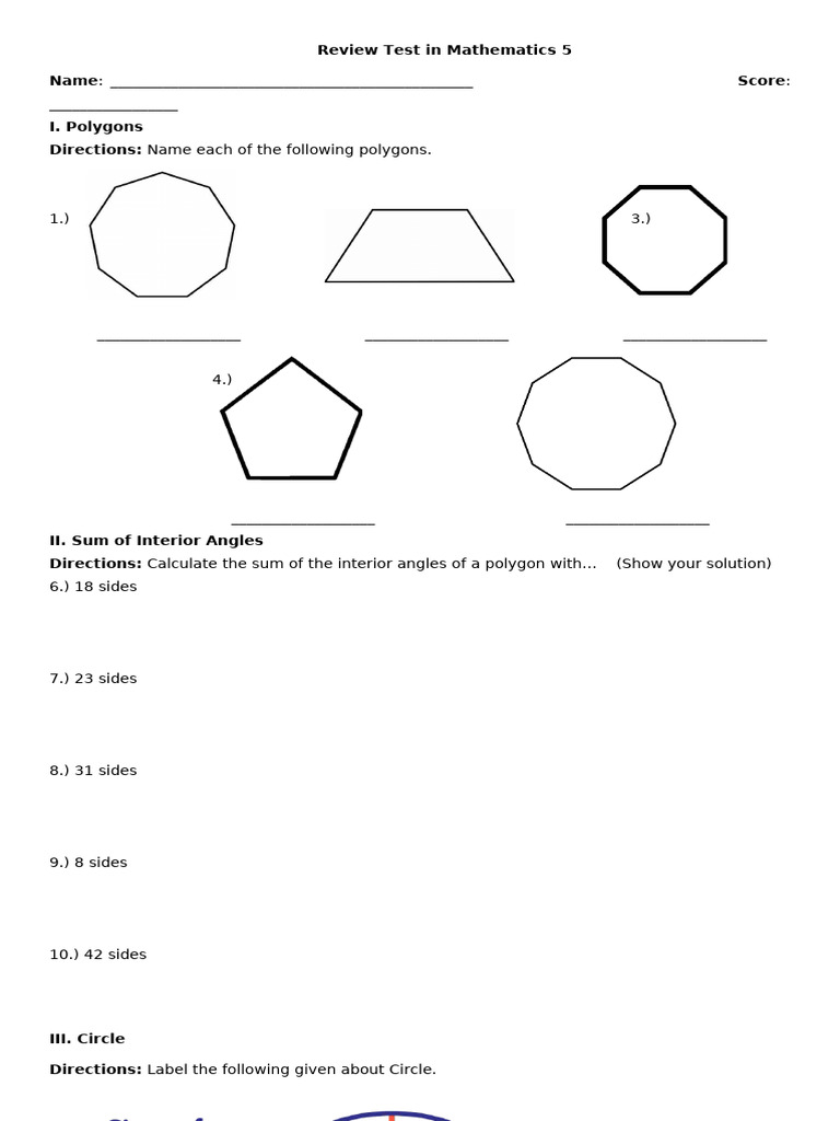 Mathematics Review Test for Grade 5 | PDF | Circle | Euclid