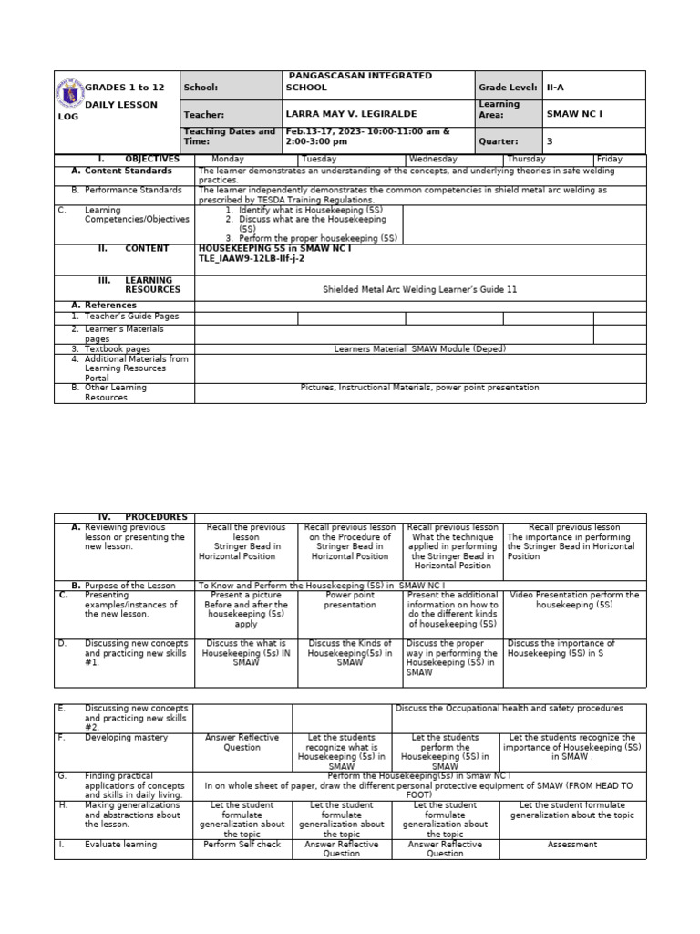 Housekeeping 5S in SMAW Lesson Plan | PDF | Learning | Teachers