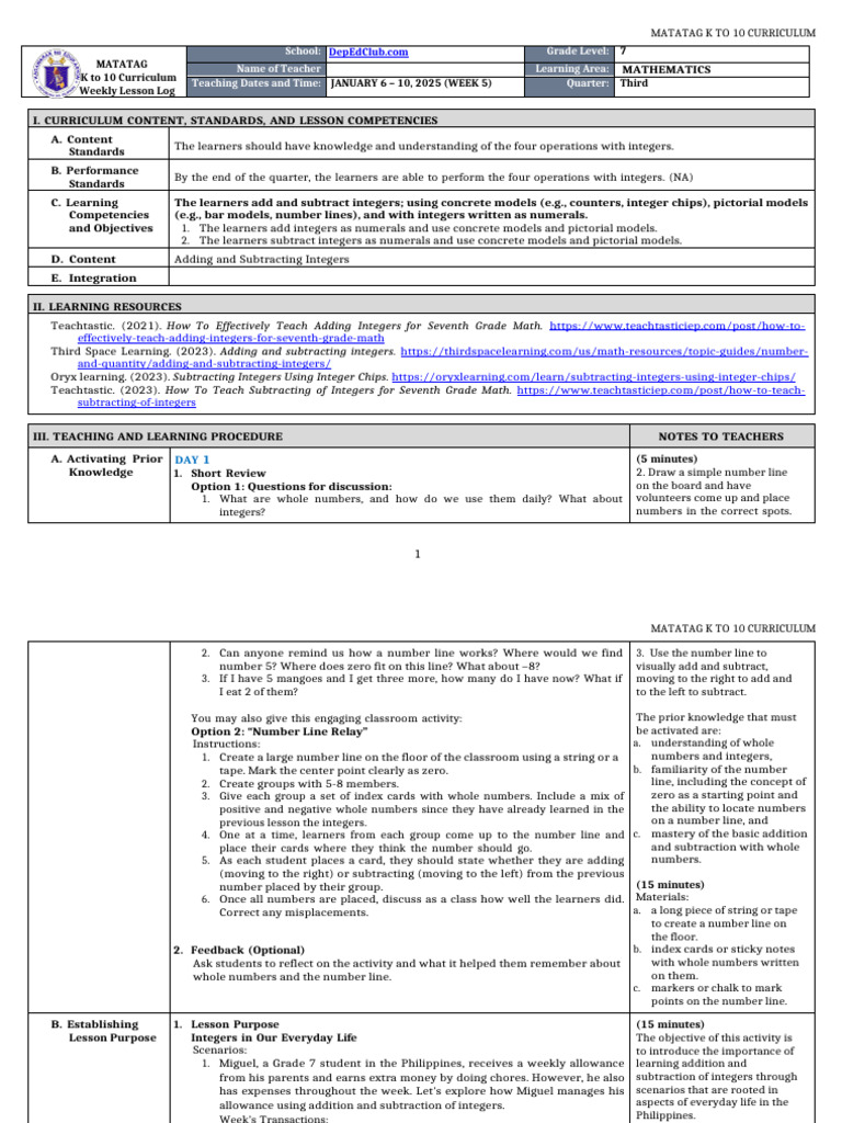 Grade 7 Integer Operations Lesson Plan | PDF | Subtraction | Numbers