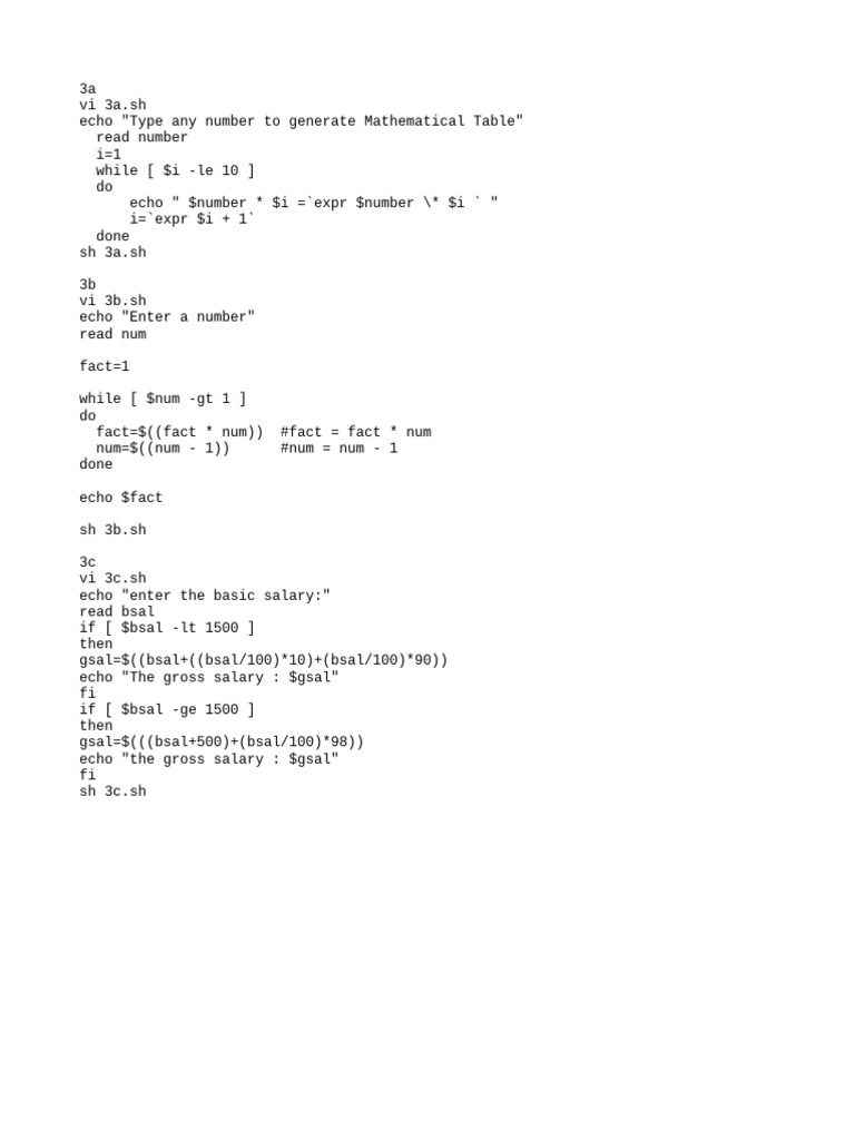 Shell Scripts: Math Table, Factorial, Salary Calculation | PDF